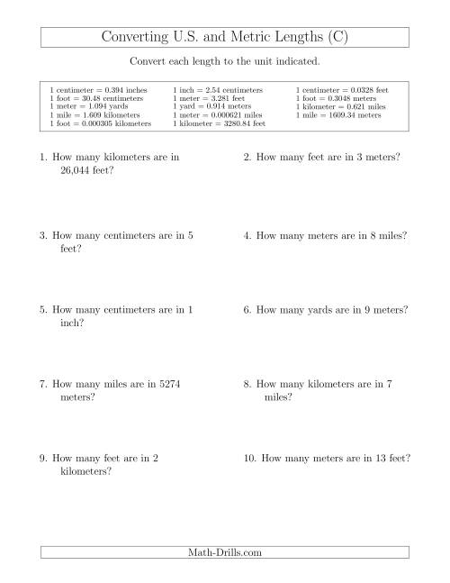 The Converting Between U.S. Customary and Metric Lengths Including km/ft and mi/m (C) Math Worksheet
