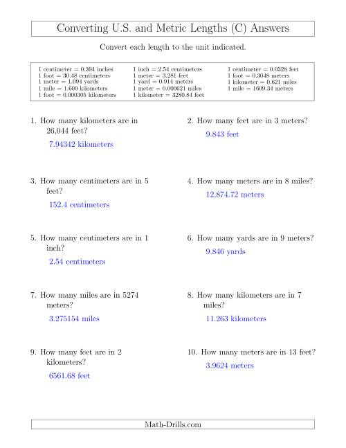 The Converting Between U.S. Customary and Metric Lengths Including km/ft and mi/m (C) Math Worksheet Page 2