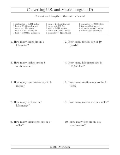 The Converting Between U.S. Customary and Metric Lengths Including km/ft and mi/m (D) Math Worksheet