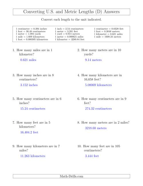 The Converting Between U.S. Customary and Metric Lengths Including km/ft and mi/m (D) Math Worksheet Page 2
