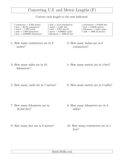 The Converting Between U.S. Customary and Metric Lengths Including km/ft and mi/m (F) Math Worksheet
