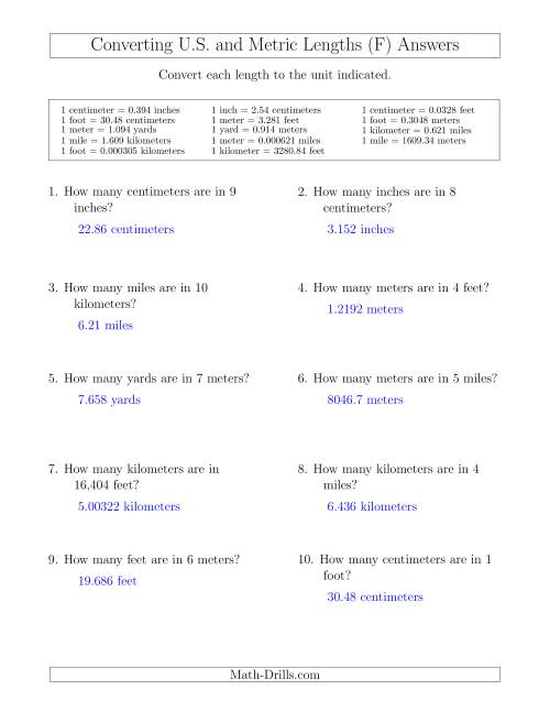 The Converting Between U.S. Customary and Metric Lengths Including km/ft and mi/m (F) Math Worksheet Page 2