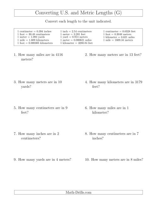 The Converting Between U.S. Customary and Metric Lengths Including km/ft and mi/m (G) Math Worksheet