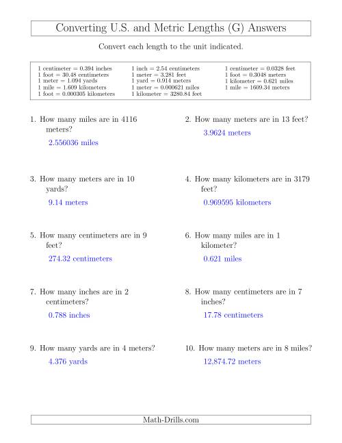 The Converting Between U.S. Customary and Metric Lengths Including km/ft and mi/m (G) Math Worksheet Page 2