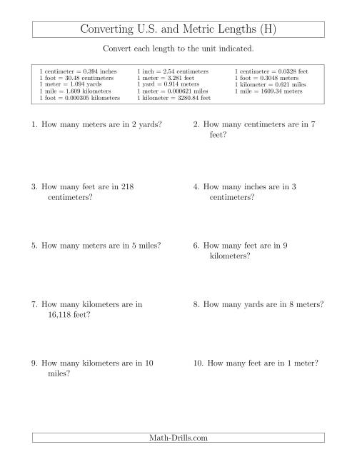 The Converting Between U.S. Customary and Metric Lengths Including km/ft and mi/m (H) Math Worksheet
