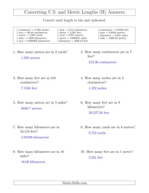 The Converting Between U.S. Customary and Metric Lengths Including km/ft and mi/m (H) Math Worksheet Page 2