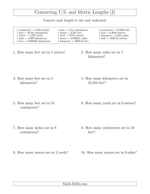 The Converting Between U.S. Customary and Metric Lengths Including km/ft and mi/m (I) Math Worksheet