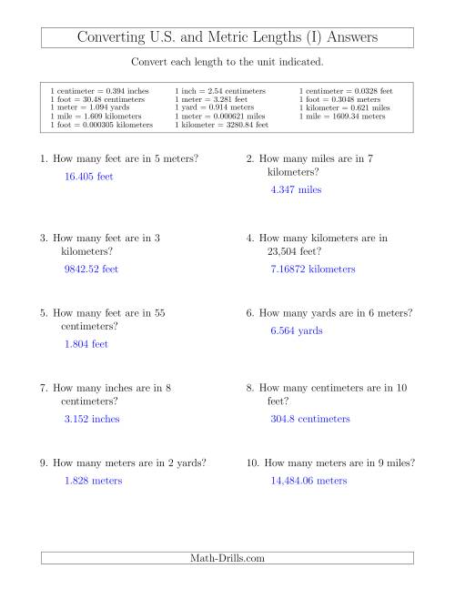 The Converting Between U.S. Customary and Metric Lengths Including km/ft and mi/m (I) Math Worksheet Page 2