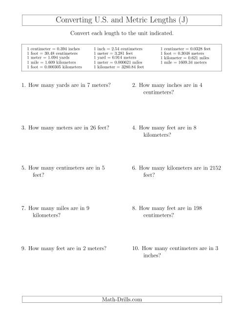 The Converting Between U.S. Customary and Metric Lengths Including km/ft and mi/m (J) Math Worksheet