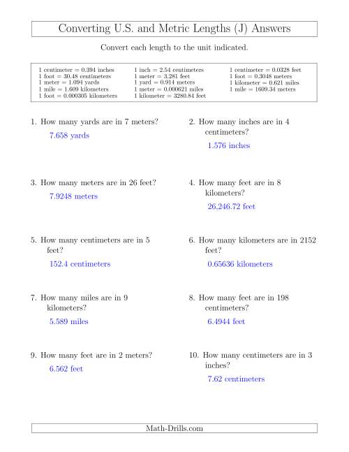 The Converting Between U.S. Customary and Metric Lengths Including km/ft and mi/m (J) Math Worksheet Page 2