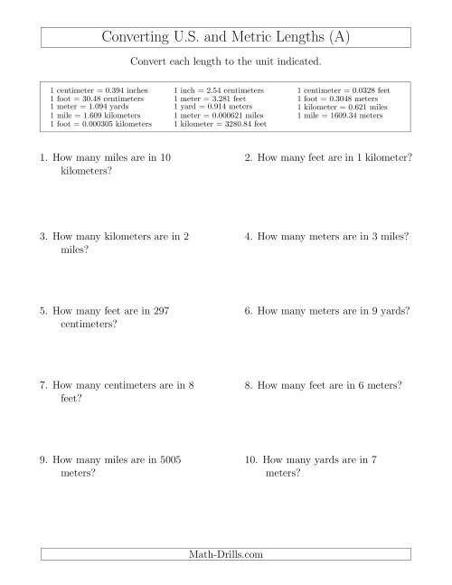 The Converting Between U.S. Customary and Metric Lengths Including km/ft and mi/m (All) Math Worksheet