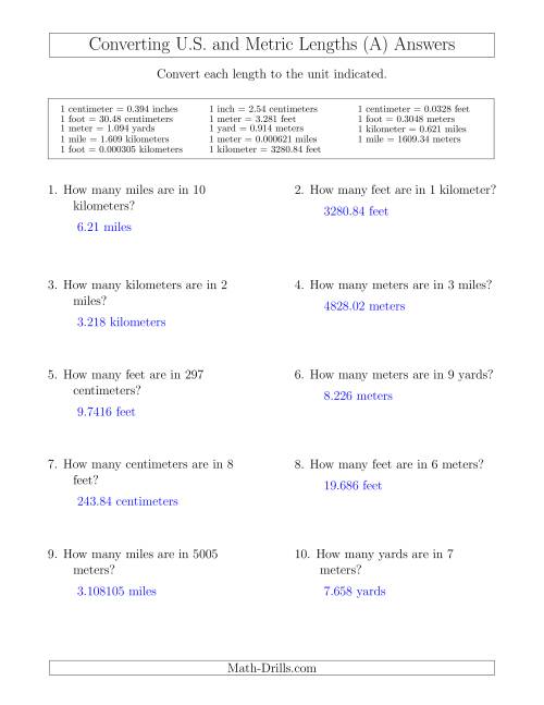 The Converting Between U.S. Customary and Metric Lengths Including km/ft and mi/m (All) Math Worksheet Page 2