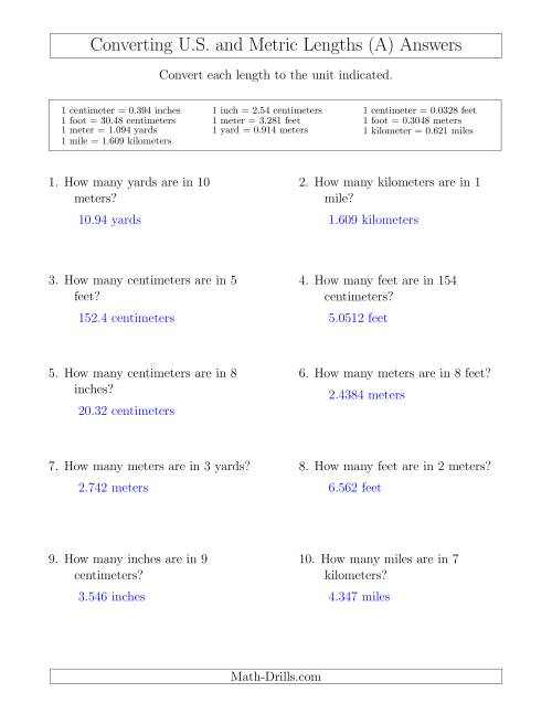 The Converting Between U.S. Customary and Metric Lengths (A) Math Worksheet Page 2
