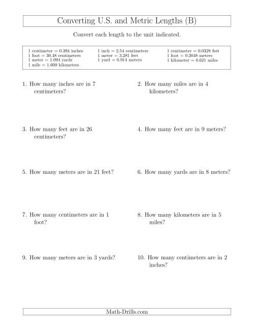 The Converting Between U.S. Customary and Metric Lengths (B) Math Worksheet