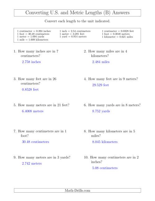The Converting Between U.S. Customary and Metric Lengths (B) Math Worksheet Page 2