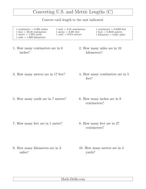 The Converting Between U.S. Customary and Metric Lengths (C) Math Worksheet