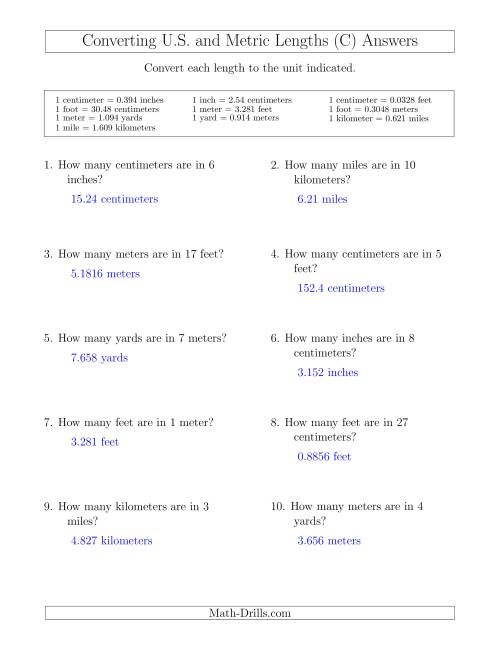 The Converting Between U.S. Customary and Metric Lengths (C) Math Worksheet Page 2