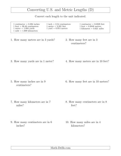 The Converting Between U.S. Customary and Metric Lengths (D) Math Worksheet