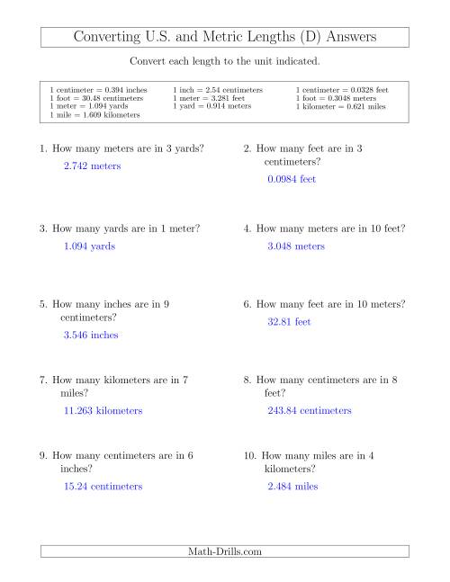 The Converting Between U.S. Customary and Metric Lengths (D) Math Worksheet Page 2