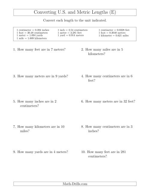 The Converting Between U.S. Customary and Metric Lengths (E) Math Worksheet