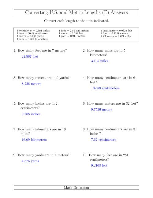 The Converting Between U.S. Customary and Metric Lengths (E) Math Worksheet Page 2