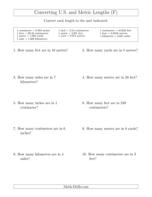 The Converting Between U.S. Customary and Metric Lengths (F) Math Worksheet