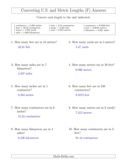 The Converting Between U.S. Customary and Metric Lengths (F) Math Worksheet Page 2
