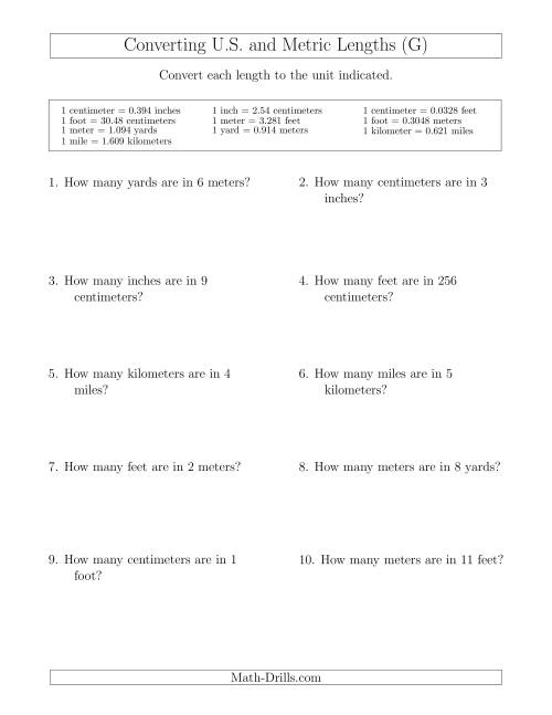 The Converting Between U.S. Customary and Metric Lengths (G) Math Worksheet