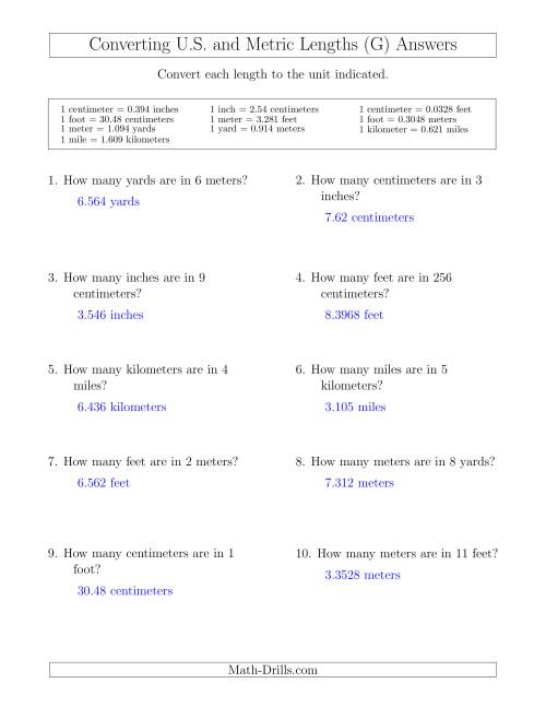 The Converting Between U.S. Customary and Metric Lengths (G) Math Worksheet Page 2