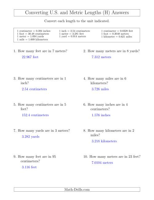 The Converting Between U.S. Customary and Metric Lengths (H) Math Worksheet Page 2