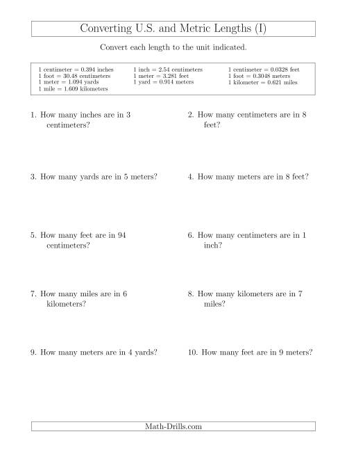 The Converting Between U.S. Customary and Metric Lengths (I) Math Worksheet