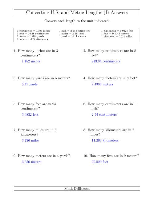 The Converting Between U.S. Customary and Metric Lengths (I) Math Worksheet Page 2