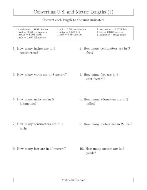 The Converting Between U.S. Customary and Metric Lengths (J) Math Worksheet