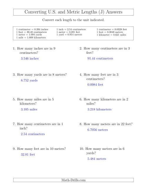 The Converting Between U.S. Customary and Metric Lengths (J) Math Worksheet Page 2