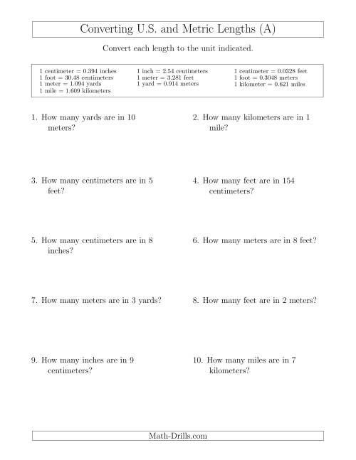 The Converting Between U.S. Customary and Metric Lengths (All) Math Worksheet