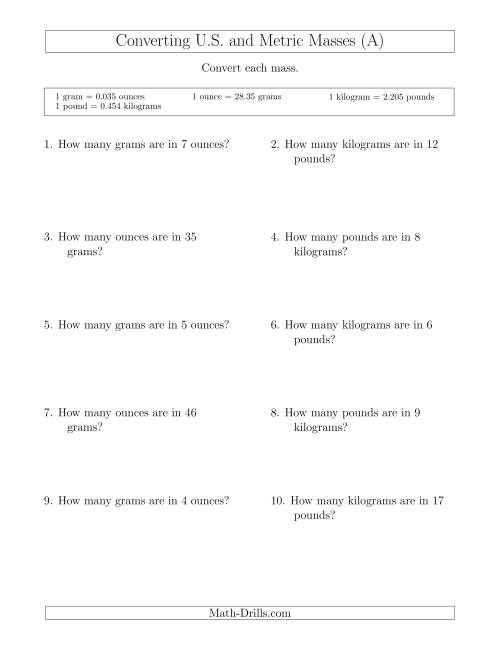 The Converting Between U.S. Customary and Metric Masses (A) Math Worksheet