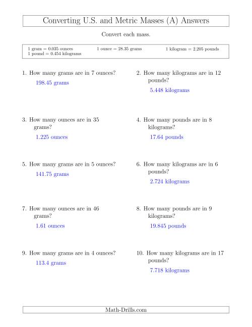 The Converting Between U.S. Customary and Metric Masses (A) Math Worksheet Page 2