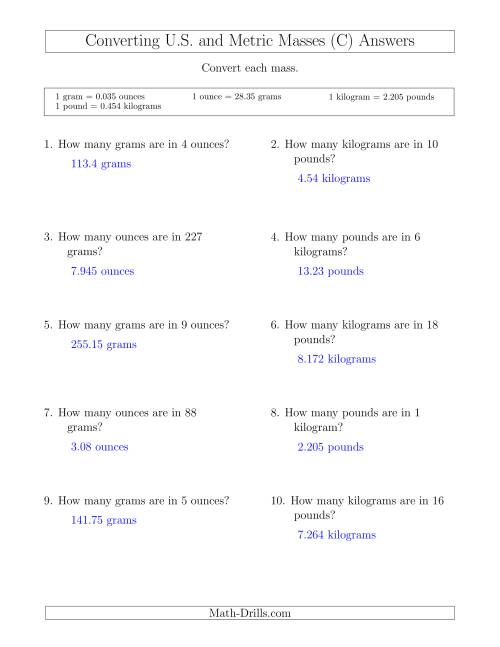 The Converting Between U.S. Customary and Metric Masses (C) Math Worksheet Page 2