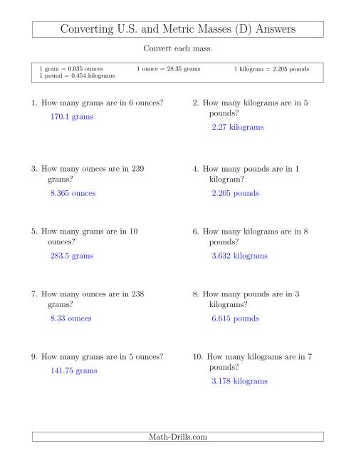 The Converting Between U.S. Customary and Metric Masses (D) Math Worksheet Page 2
