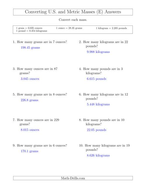 The Converting Between U.S. Customary and Metric Masses (E) Math Worksheet Page 2
