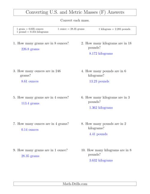 The Converting Between U.S. Customary and Metric Masses (F) Math Worksheet Page 2
