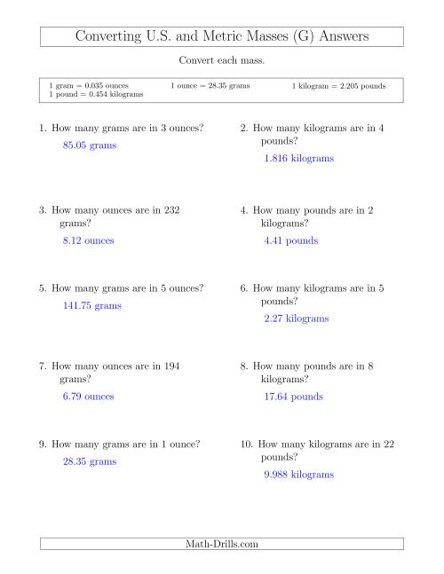 The Converting Between U.S. Customary and Metric Masses (G) Math Worksheet Page 2