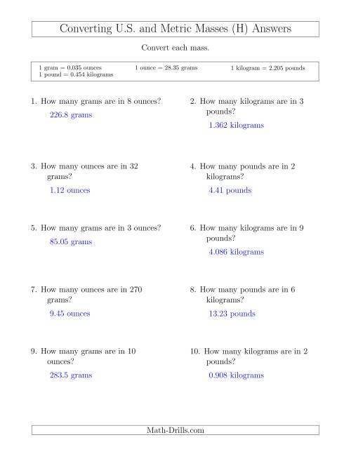 The Converting Between U.S. Customary and Metric Masses (H) Math Worksheet Page 2