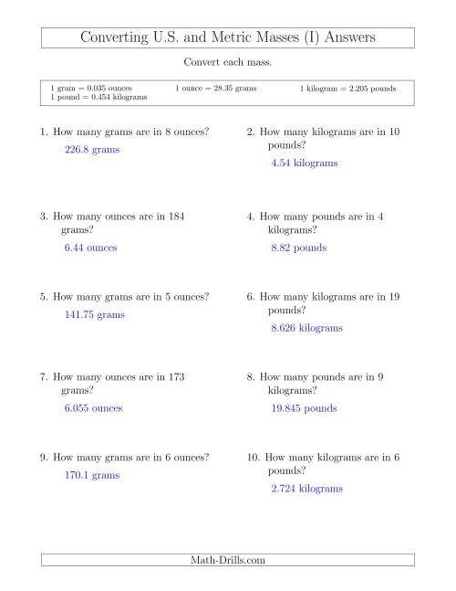 The Converting Between U.S. Customary and Metric Masses (I) Math Worksheet Page 2