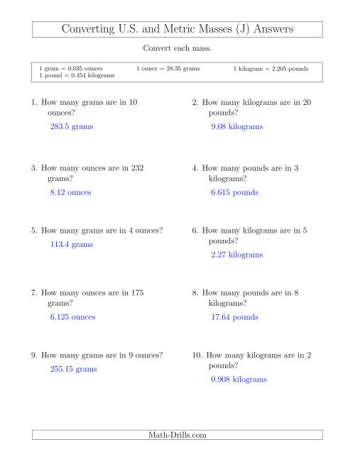 The Converting Between U.S. Customary and Metric Masses (J) Math Worksheet Page 2