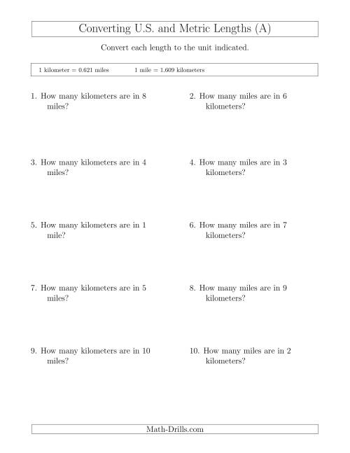 The Converting Between Miles and Kilometers (A) Math Worksheet