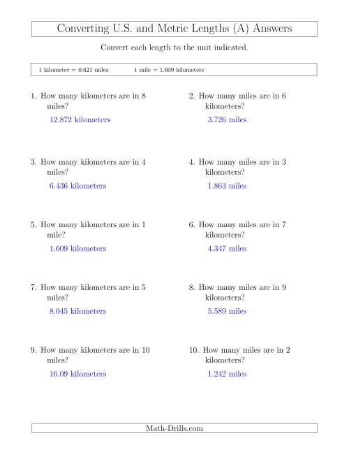 The Converting Between Miles and Kilometers (A) Math Worksheet Page 2