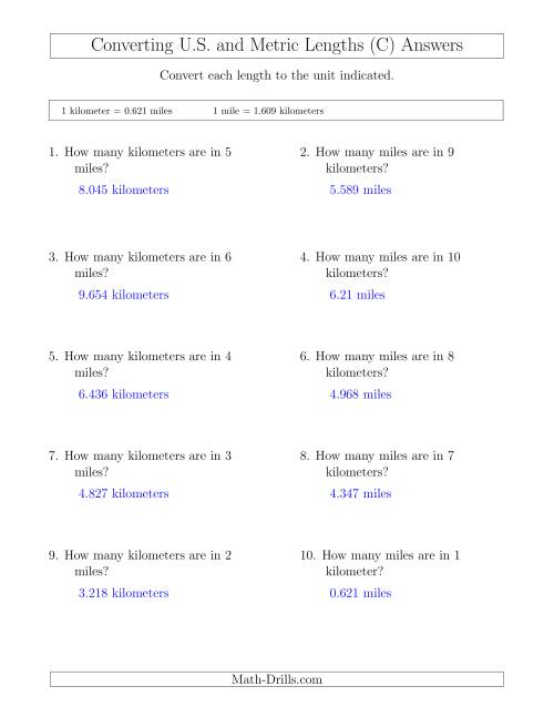 The Converting Between Miles and Kilometers (C) Math Worksheet Page 2