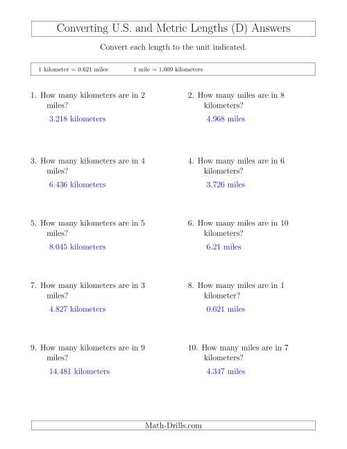 The Converting Between Miles and Kilometers (D) Math Worksheet Page 2