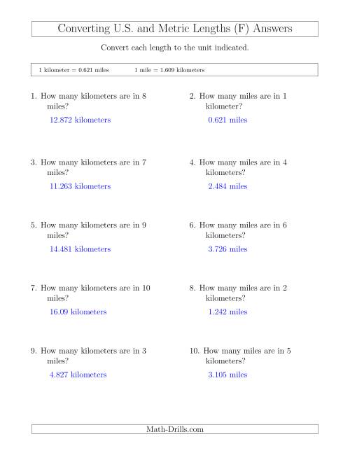 The Converting Between Miles and Kilometers (F) Math Worksheet Page 2